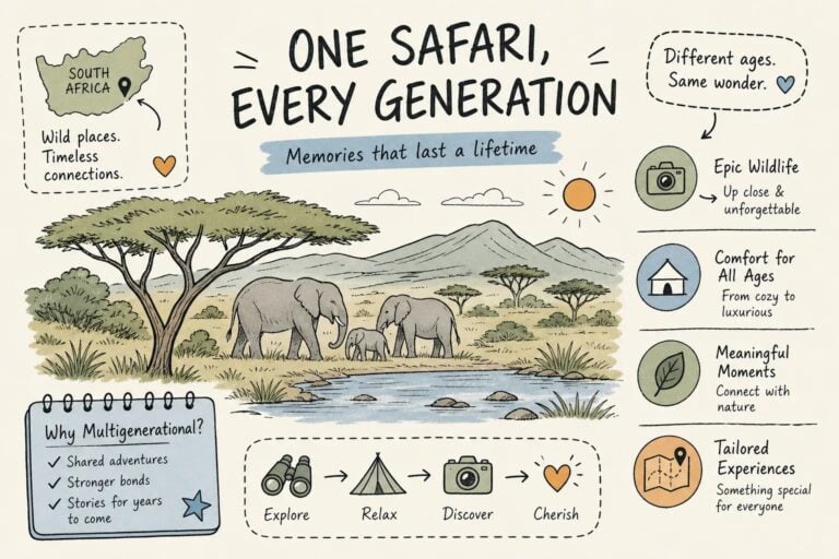 An infographic titled One Safari, Every Generation highlighting multigenerational safari travel tips and family wildlife experiences in South Africa.