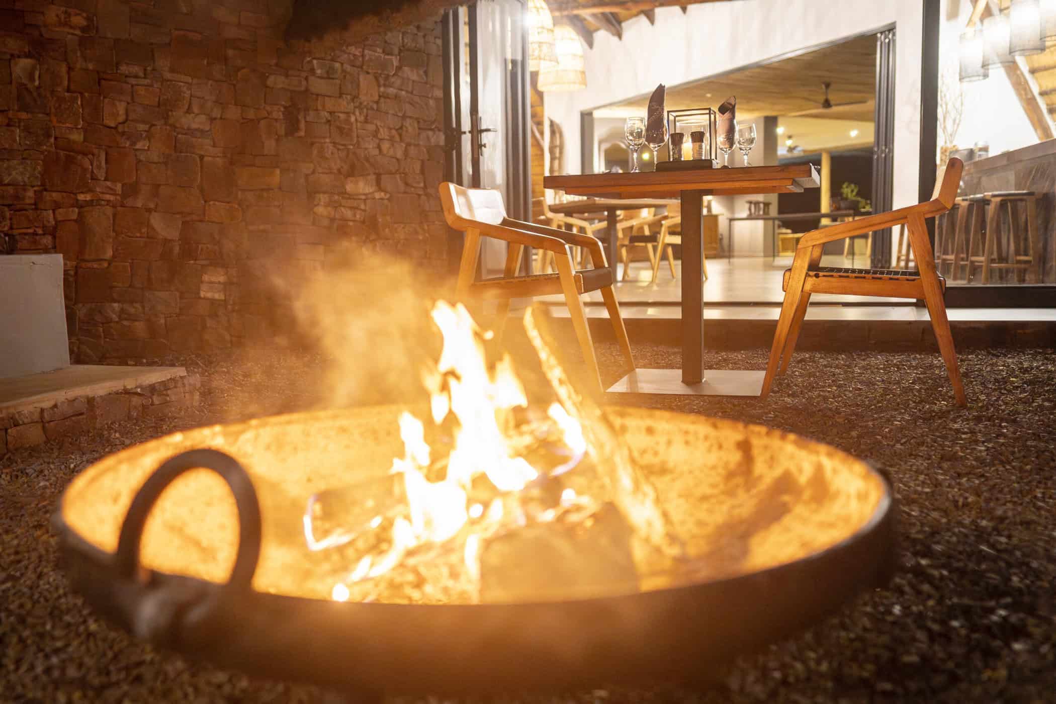 close up of firepit with wood fire