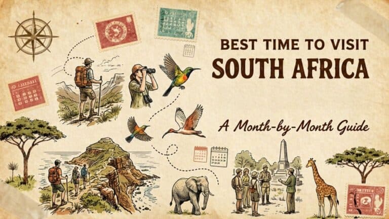 Vintage style blog cover for the Best Time to Visit South Africa for a Safari month by month guide illustrating hiking bird watching battlefield tours Robberg coast an elephant and a giraffe.